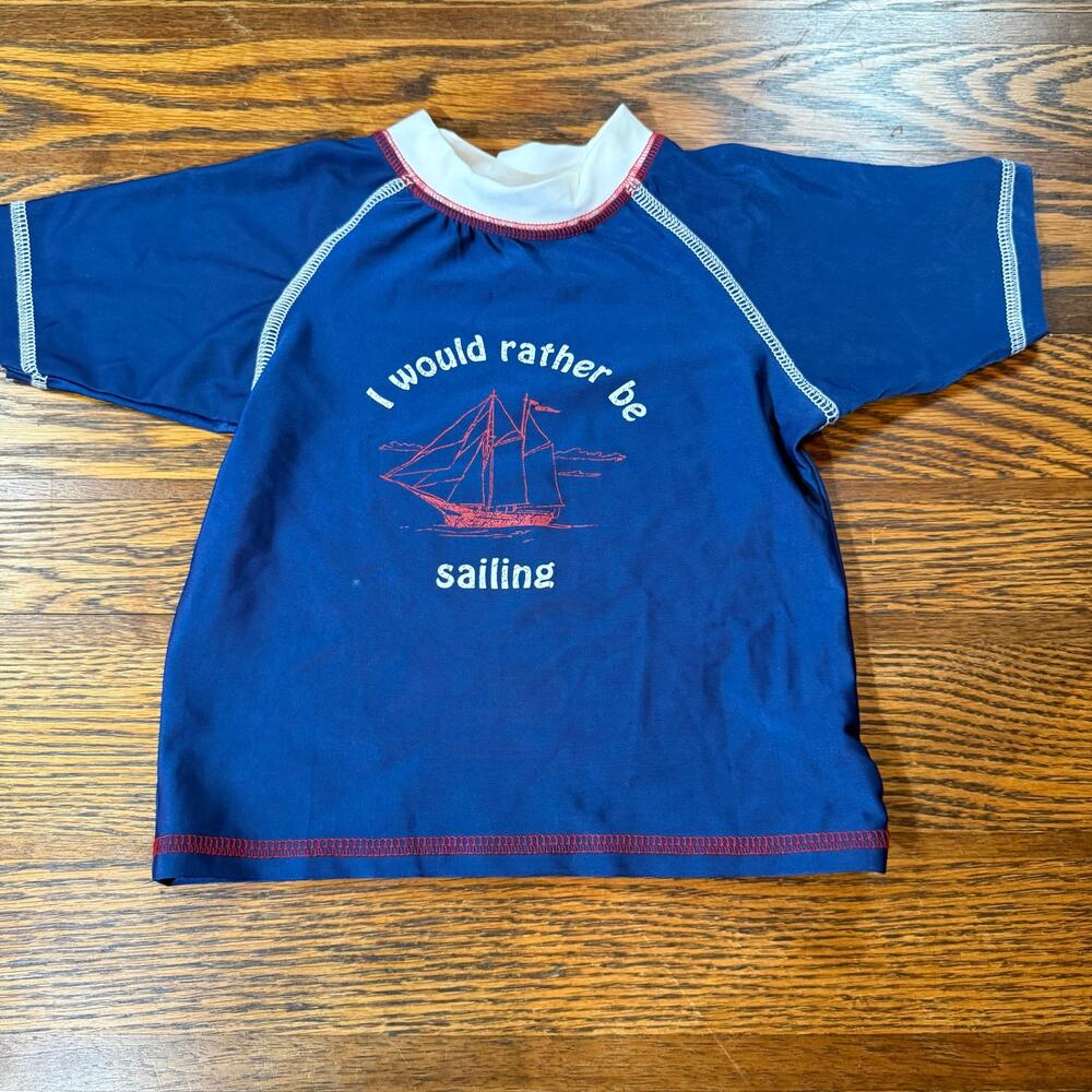 Rugged Bear “I Would Rather Be Sailing” Blue Rash Guard Swim Shirt 24M